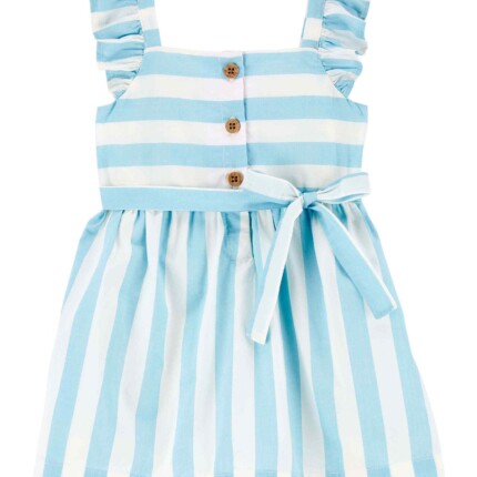 Vestido bebê evasê listrado com amarração azul | Carter's